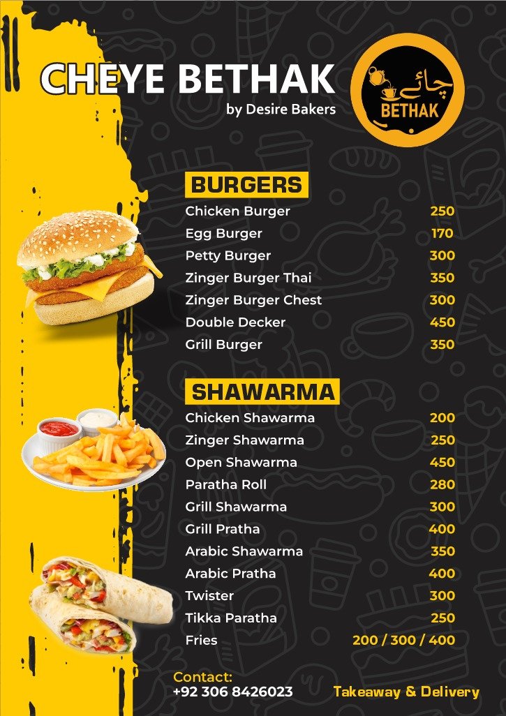Chai Bethak burgers and shawarma menu with prices