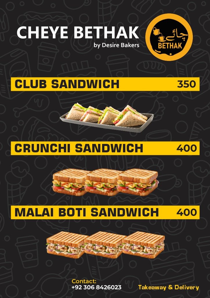 Chai Bethak sandwich menu — Club Sandwich, Crunchi Sandwich, Malai Boti Sandwich, prices